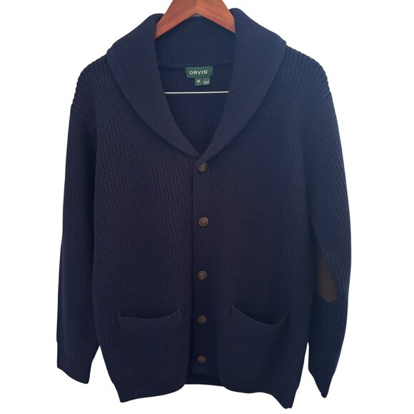 Orvis Men's Blue 100% Wool Button Up Cardigan Sweater Brown Patch Elbow Pockets - Picture 1 of 9